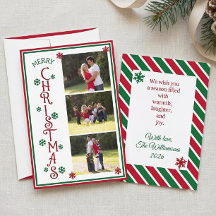Cartão De Festividades Feliz Natal Vermelho Verde Listrado Família de 3 F
