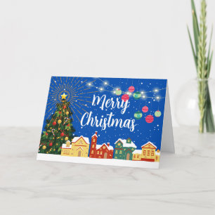 Cartão De Festividades Feliz Natal Vila de Neve e Árvore Decorada