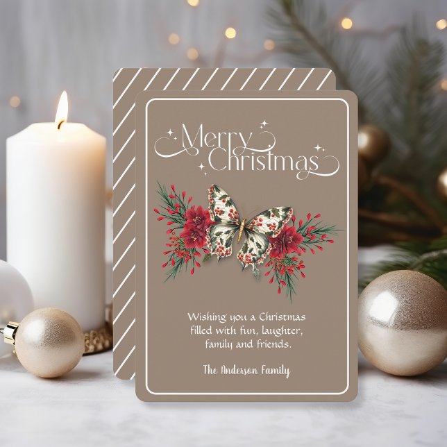 Cartão De Festividades Feliz Natal Vintage Butterfly Poinsettia (Criador carregado)