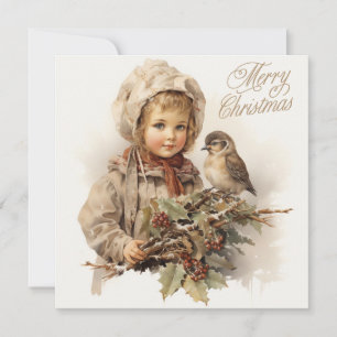 Cartão De Festividades Feliz Natal Vintage Child com Bird
