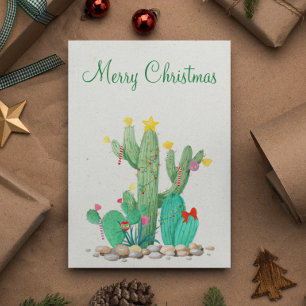 Cartão De Festividades Feliz Natal Watercolor Cactus Desert Sudoeste