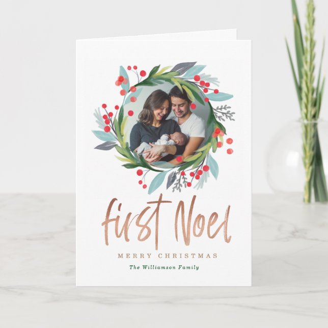 Cartão De Festividades Feliz Natal | Watercolor Foliage Photo Wreath (Frente)