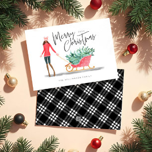 Cartão De Festividades Feliz Natal Watercolor Garota de Natal