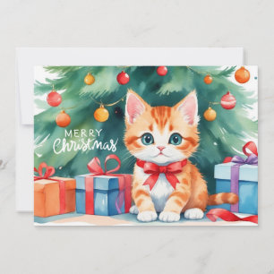 Cartão De Festividades Feliz Natal Watercolor Orange Kitten