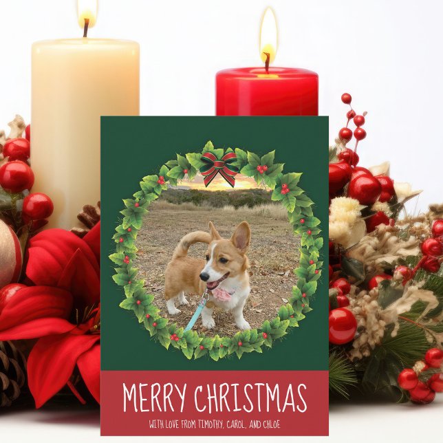 Cartão De Festividades Feliz Natal Wreath Cachorro Personalizado Foto Ver (Criador carregado)