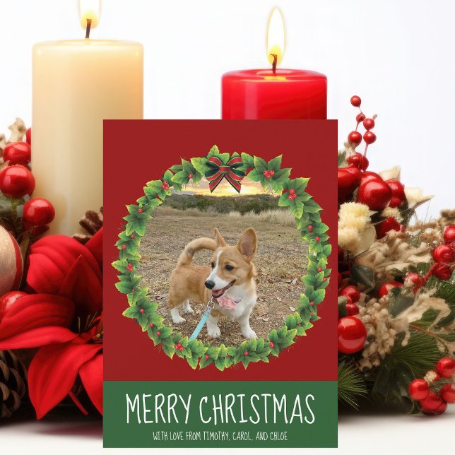 Cartão De Festividades Feliz Natal Wreath Cachorro Personalizado Vermelho (Criador carregado)