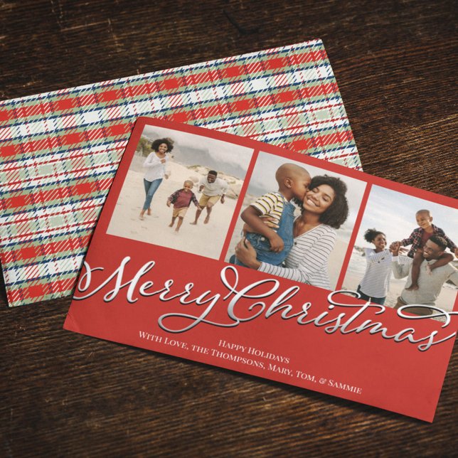 Cartão De Festividades Feliz Natal - Xadrez de Férias Vermelhas com Vária (Merry Christmas Calligraphy red and green plaid multi photo greeting card)