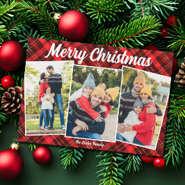 Cartão De Festividades Feliz Natal Xadrez Vermelha Tartan 3 Foto