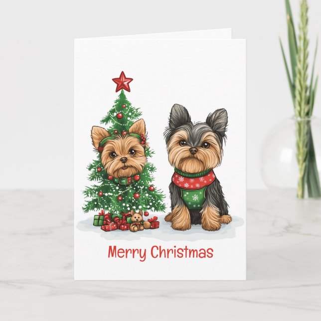Cartão De Festividades Feliz Natal Yorkie Dogs (Frente)