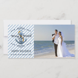 Cartão De Festividades Feliz Náutica E Casada, Bandas Azuis, Uma Foto