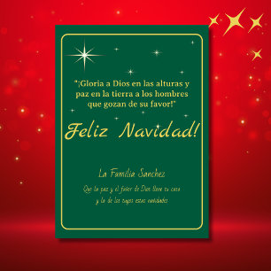 Cartão De Festividades Feliz Navidad Dourado & Verde Lucas 2:14 Verso
