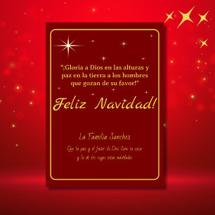 Cartão De Festividades Feliz Navidad Dourado & Vermelho Lucas 2:14 Verso