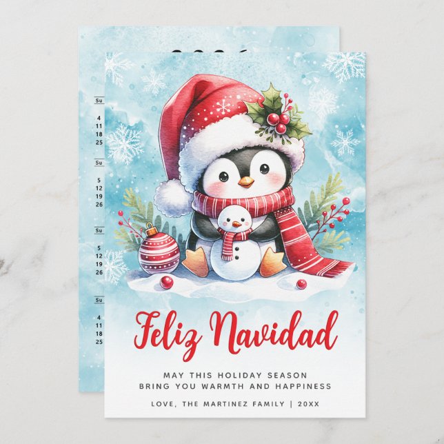 Cartão De Festividades Feliz Navidad Fofa Penguin Espanhol Natal (Frente/Verso)
