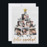 Cartão De Festividades Feliz Navidad | Fotos forma del árbol de Navidad<br><div class="desc">Celebra la Navidad con esta moderna tarjeta con foto. Un festivo diseño de tarjeta navideña que incluye é de forma favoravelmente favorável em disputas en árbol de Navidad acentu con ramas de pino dibujadas a mano, piñas, purpurpurina dorada de imitación y una dorada sobre un fondo blanco de madera de...</div>