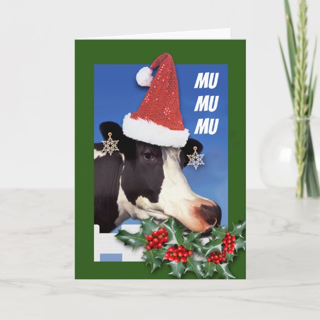 Cartão De Festividades Feliz Navidad Funny Cow Comendo Boughes de Holly (Frente)