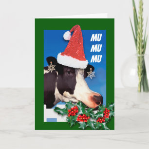 Cartão De Festividades Feliz Navidad Funny Cow Comendo Boughes de Holly