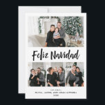 Cartão De Festividades Feliz Navidad| Grelha multifoto em preto-e-branco<br><div class="desc">Este cartão de feriado simples e na moda diz "Feliz Navidad",  ou "Feliz Natal",  em espanhol,  na tipografia moderna de escrita manual. Há espaço para adicionar quatro de suas fotos pessoais favoritas. A parte traseira da placa apresenta bolinhas preto e branco modernas para uma aparência nova e minimalista.</div>