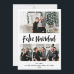 Cartão De Festividades Feliz Navidad| Grelha multifoto em preto-e-branco<br><div class="desc">Este cartão de feriado simples e na moda diz "Feliz Navidad",  ou "Feliz Natal",  em espanhol,  na tipografia moderna de escrita manual. Há espaço para adicionar quatro de suas fotos pessoais favoritas. A parte traseira da placa apresenta bolinhas preto e branco modernas para uma aparência nova e minimalista.</div>
