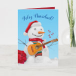 Cartão De Festividades Feliz Navidad "Mariachi Christmas" Snowman<br><div class="desc">Um bonitão vestindo um chapéu de Papai Noel e uma serpente,  tocando seu "guitarrão" também conhecido como: "Vihuela" e cantando,  "Feliz Navidad!" De acordo com o tema Mariachi,  o dentro diz,  "Desejo-te um Natal Mariachi e um Feliz ano novo!"</div>