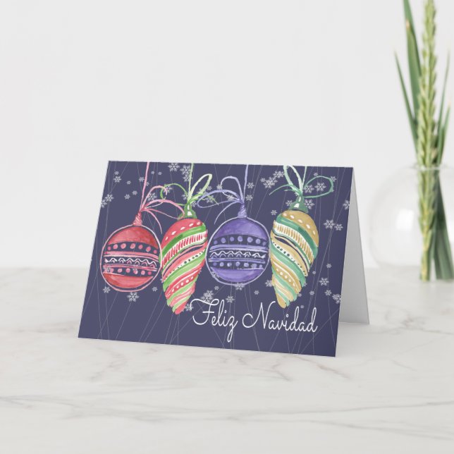 Cartão De Festividades Feliz Navidad Natal Baubles Watercolor (Frente)