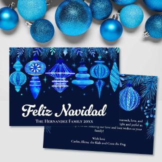 Cartão De Festividades Feliz Navidad Ornaments Marinho Blue Watercolor