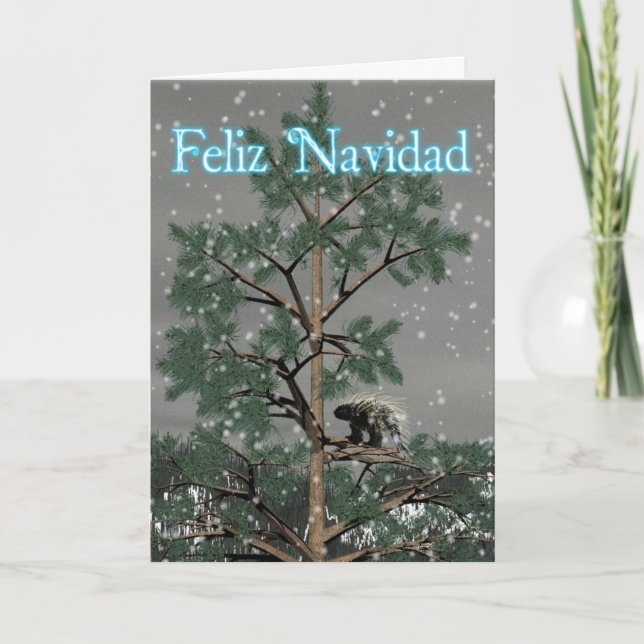 Cartão De Festividades Feliz Navidad - Porcupine Em Uma Árvore De Pinheir (Frente)