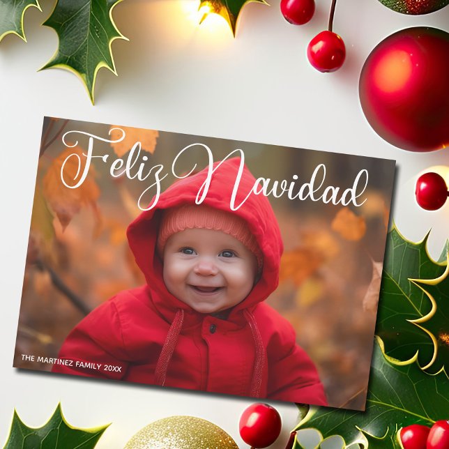 Cartão De Festividades Feliz Navidad White Script Foto do Natal em espanh (Criador carregado)