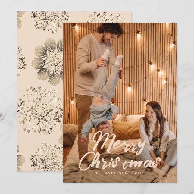 Cartão De Festividades Feliz Ouro de Natal Foto da Família Ornamental (Frente/Verso)