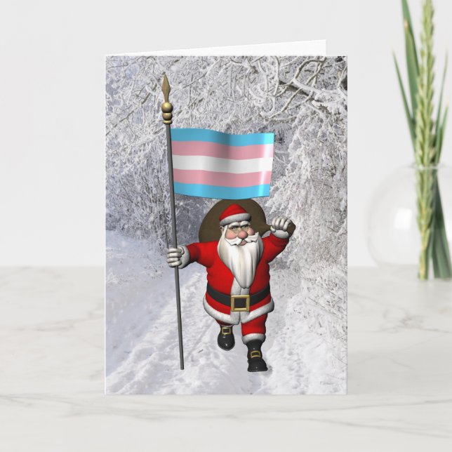 Cartão De Festividades Feliz Papai Noel com Bandeira do Orgulho Transgêne (Frente)