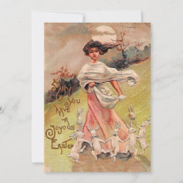Cartão De Festividades Feliz Páscoa Coelhos dançantes vintage Menina com