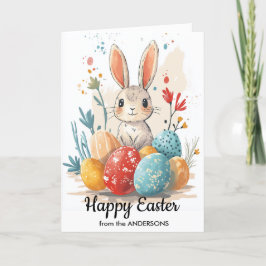 Cartão De Festividades Feliz Páscoa e ovos e flores do coelhinho fofo