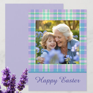 Cartão De Festividades Feliz Páscoa Xadrez Uma Foto Roxo Azul Pastel