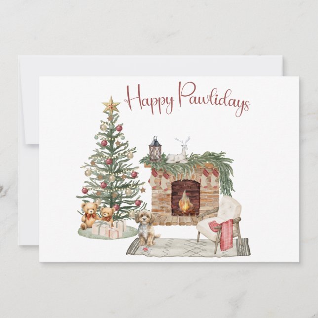 Cartão De Festividades Feliz Pawlidays Design de Cachorro - Cavapoo (Frente)