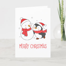 Cartão De Festividades Feliz Pinguim e Snowman Feliz Natal