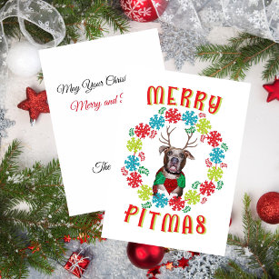Cartão De Festividades Feliz Pitmas Pitbull Reindeer