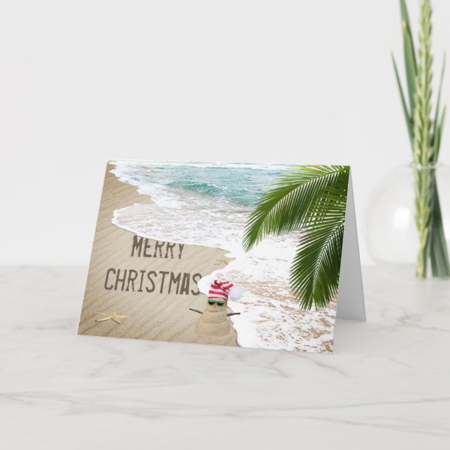 Cartão De Festividades Feliz Seashore de Natal com Homem de Areia (Frente)
