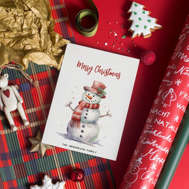 Cartão De Festividades Feliz Snowman Feliz Natal Nome da Família Personal (Criador carregado)