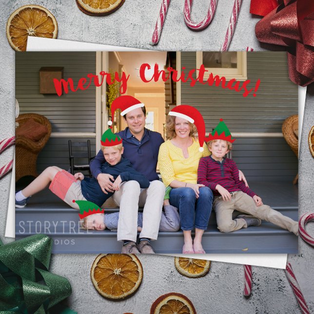 Cartão De Festividades Feliz Tripulação de Natal com Foto de Chapéus Moví (movable Santa and elf hats on this fun family photo Christmas card)