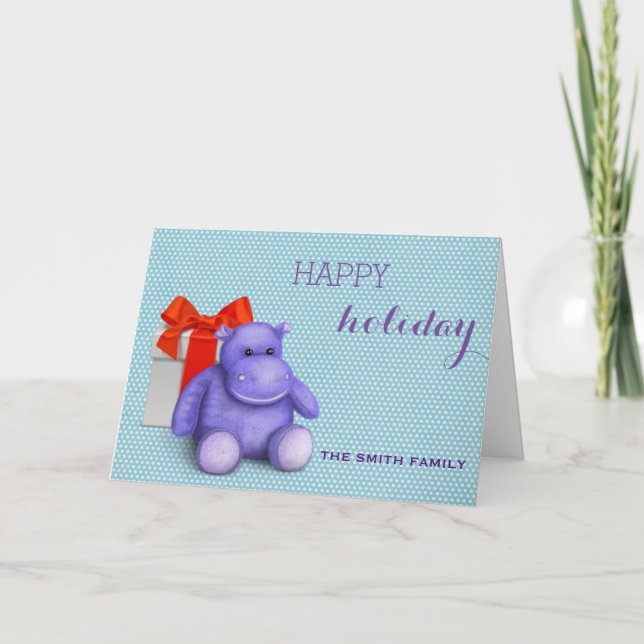 Cartão De Festividades Feliz Ursinho Roxo de Natal Hippo (Frente)