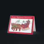 Cartão De Festividades Feliz Vaca do Natal, puxando papais noeis de trenó<br><div class="desc">Feliz Natal Highland - você deve ser capaz de editar o texto na frente do cartãoPapais noeis Highland Cow puxando a neve. O Pai Natal está a vestir um kilt escocês e uma capota e tem um saco cheio de presentes na parte de trás do trenó. Meu filho de 31/2...</div>