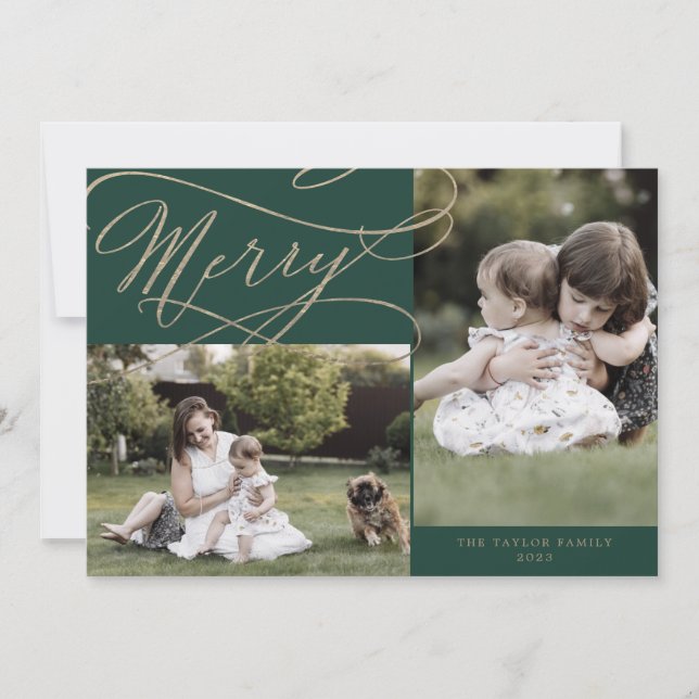 Cartão De Festividades Feliz Verde Romântica Dourada 3 Foto Ano Em Revisã (Frente)