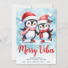 Cartão De Festividades Feliz Viba Pinguins Cutes Azul Vermelho Natal
