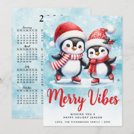 Cartão De Festividades Feliz Viba Pinguins Cutes Azul Vermelho Natal