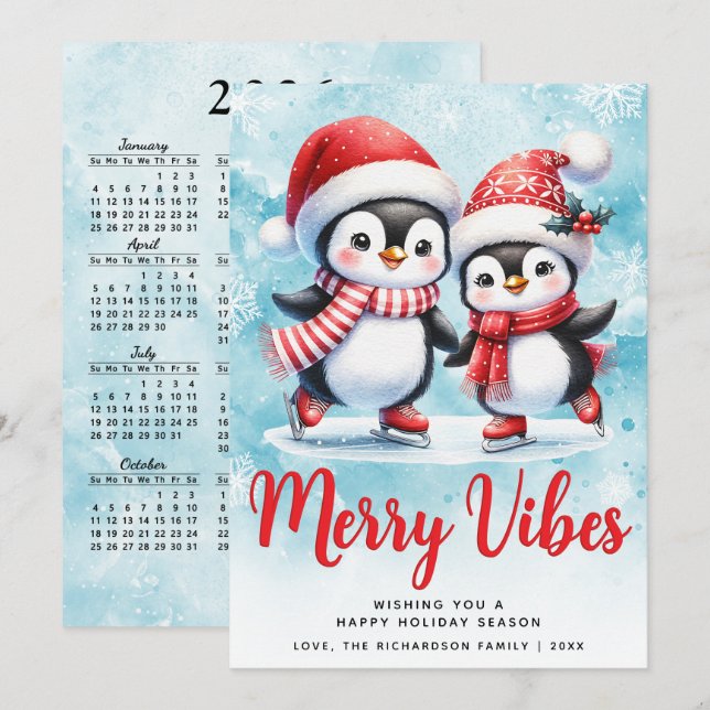 Cartão De Festividades Feliz Viba Pinguins Cutes Azul Vermelho Natal (Frente/Verso)