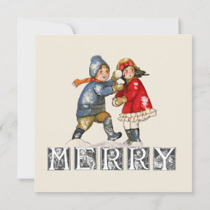 Cartão De Festividades Feliz Vintage Snowball Natal Crianças