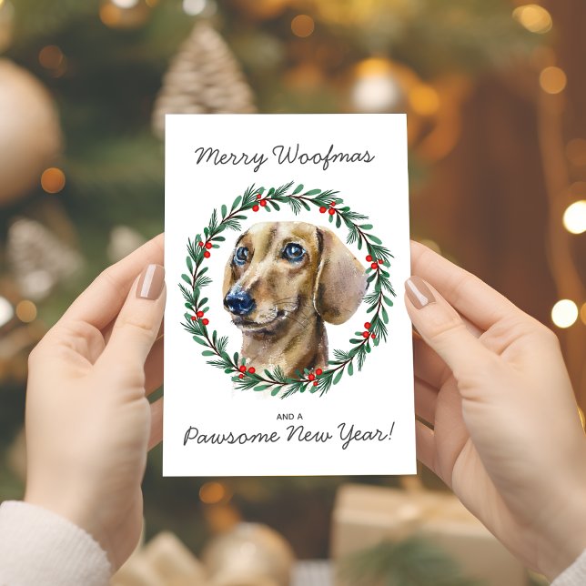 Cartão De Festividades Feliz Woofmas Watercolor Dachshund Wreath (Edit any of the text on cardfront, also verse and 'from' text inside.)