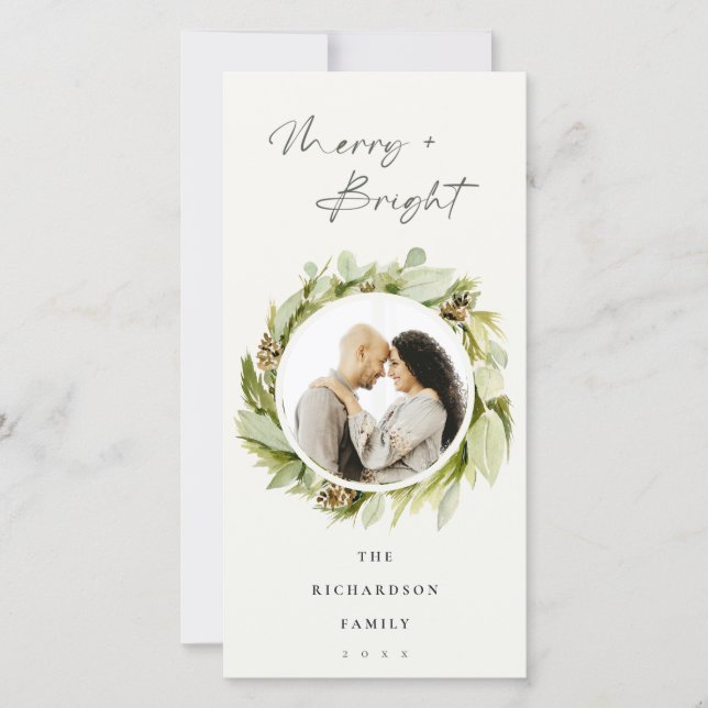 Cartão De Festividades Feliz Wreath e Foto de Natal Brilhante (Frente)