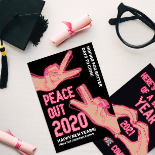 Cartão De Festividades Felizes anos novos Pink Neon Lights 2020 Peace Out