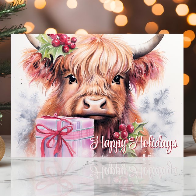 Cartão De Festividades Felizes Feriados Aquarelas Highland Cow Natal (Criador carregado)