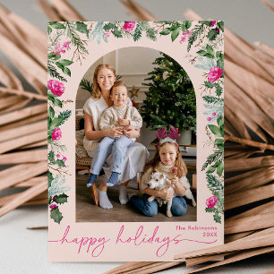 Cartão De Festividades Felizes Feriados Blush Pink Greenery Arch 1 Foto